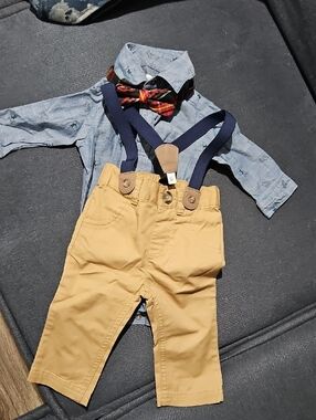 Special Occasion Boys Khakis Suspenders Bow Tie Blue Denim Onesie